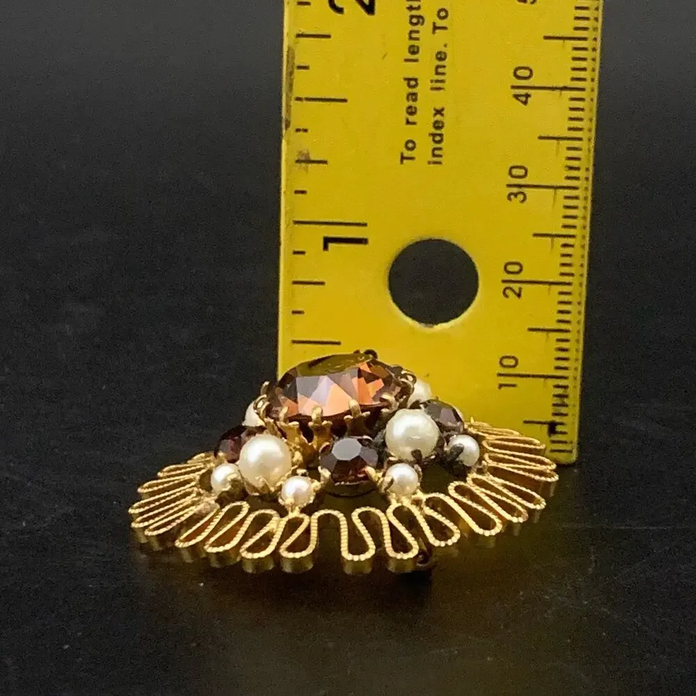 Vintage Austrian Crystal Brooch Pin Made In Austria Smokey Amber Brown Crystal